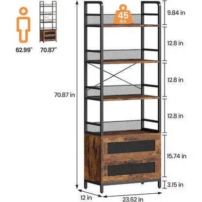Étagère industrielle de 180 cm avec tiroirs, Bibliothèque rustique à 4 niveaux pour salon, chambre, bureau, marron