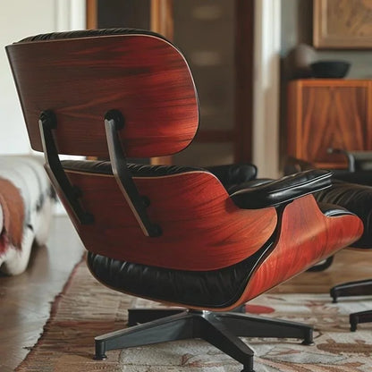 Chaise longue et pouf d'appoint en cuir pleine fleur de style Mid-century