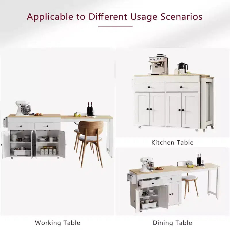 Isola da Cucina da 189 cm con Tavolo da Pranzo Estensibile, Carrello con 4 Armadietti, 2 Cassetti, Porta Spezie, Ripiani Regolabili