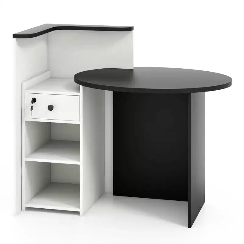Costway Bancone per Reception, Scrivania da Ufficio con Ripiano Aperto e Cassetto con Serratura, Bianco/Marrone/Nero