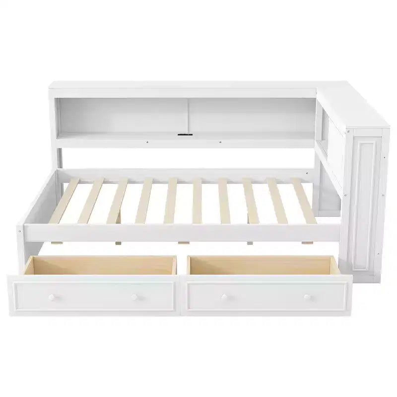 Letto angolare a grandezza naturale con cassetti portaoggetti, libreria, struttura letto a giorno in legno a forma di L con testiera a libreria per soggiorno