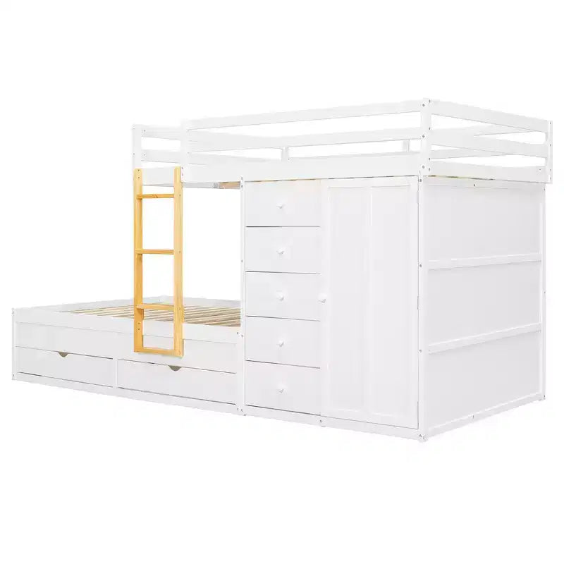 Lit superposé complet Whisen avec 2 grands tiroirs, 5 petits tiroirs et petite armoire