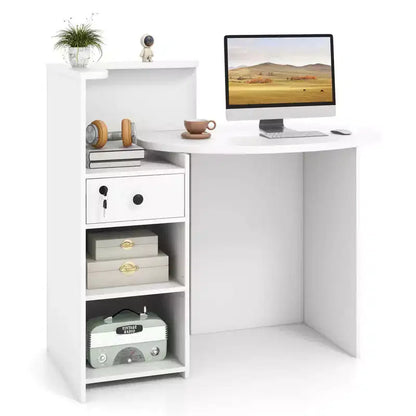 Costway Bancone per Reception, Scrivania da Ufficio con Ripiano Aperto e Cassetto con Serratura, Bianco/Marrone/Nero