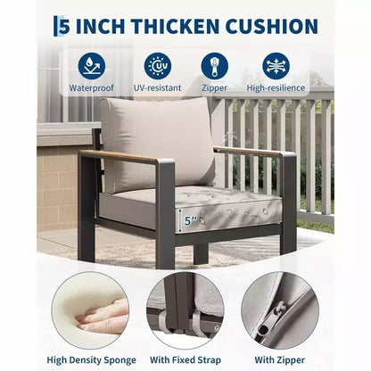 Salon de jardin en aluminium, canapé d'extérieur modulable avec 5 coussins épais, 4 accoudoirs et table basse pour jardin, terrasse, arrière-cour