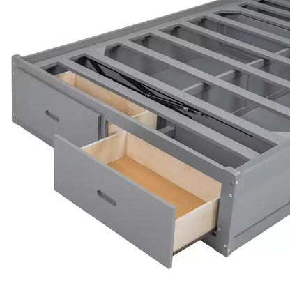 Letto a piattaforma idraulico Full/Queen con contenitore testiera a LED, stazione di ricarica, 2 cassetti e spazio di archiviazione sotto il letto, Bianco/Grigio-ModernLuxe