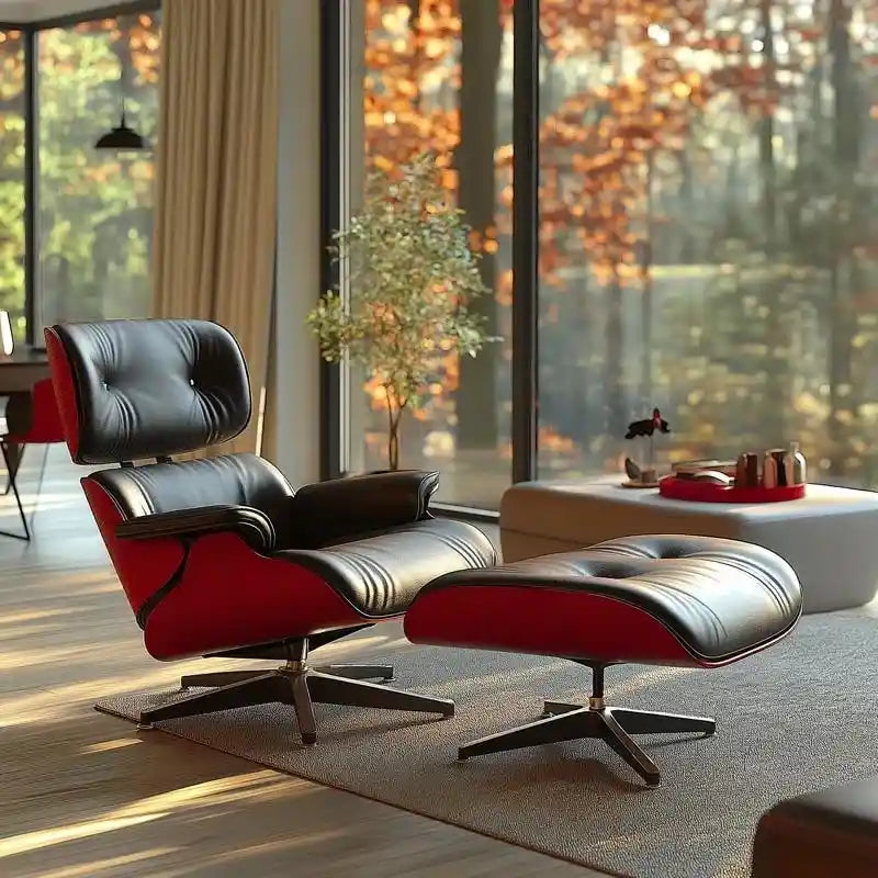 Chaise longue et pouf d'appoint en cuir pleine fleur de style Mid-century