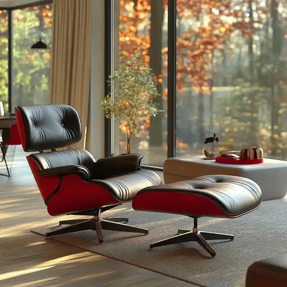 Chaise longue et pouf d'appoint en cuir pleine fleur de style Mid-century