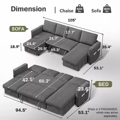 Divano letto estraibile a quattro posti Dyonery da 105 pollici con contenitore, tasche laterali, schienale regolabile, convertibile