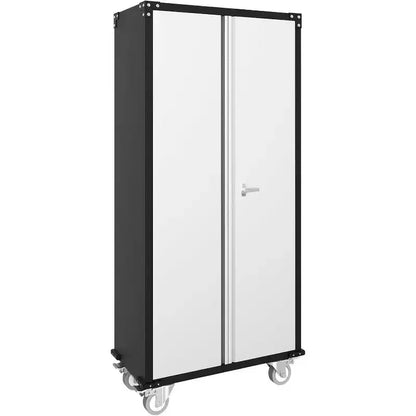 Armadietto portaoggetti da garage con ruote e pannello forato, armadio metallico con serratura alto 183 cm con 2 ante e 4 ripiani regolabili per officina o garage