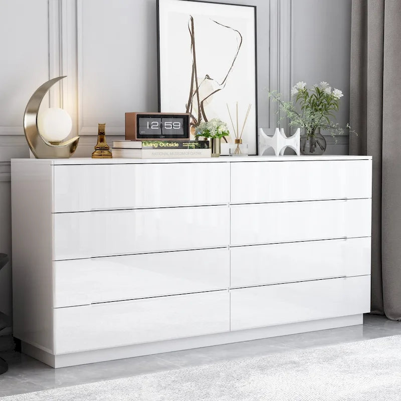Comò lucido 63" con luce, con 8 cassetti e ampio piano d'appoggio