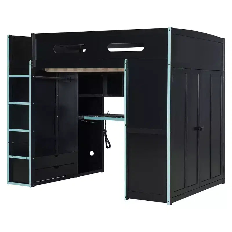 Merax Letto a soppalco a una piazza e mezza con scrivania, armadio, luci LED RGB e porta di ricarica USB Elegante struttura nera con spazio multi-contenitore per gli amanti dei giochi