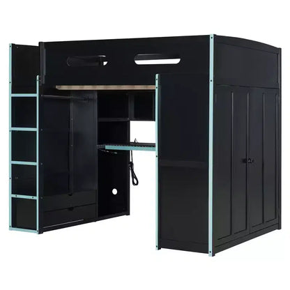 Merax Letto a soppalco a una piazza e mezza con scrivania, armadio, luci LED RGB e porta di ricarica USB Elegante struttura nera con spazio multi-contenitore per gli amanti dei giochi