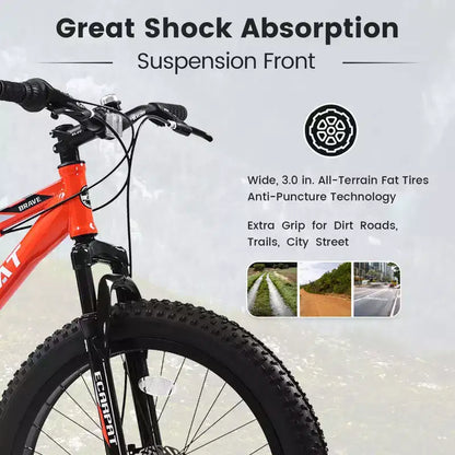 Vélo Okak 24 pouces Fat Tire avec suspension avant, VTT 7 vitesses avec frein à disque et cadre en acier à haute teneur en carbone, Vélo de randonnée pour les trajets quotidiens