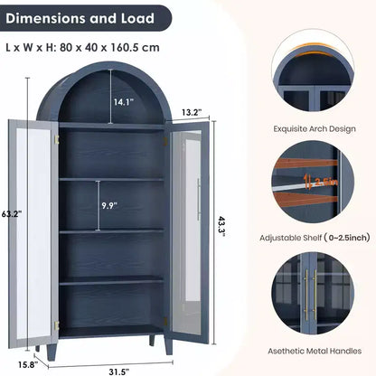 Haut meuble de rangement arqué avec portes vitrées, bibliothèque de présentation à 5 niveaux avec étagères réglables pour cuisine ou salon