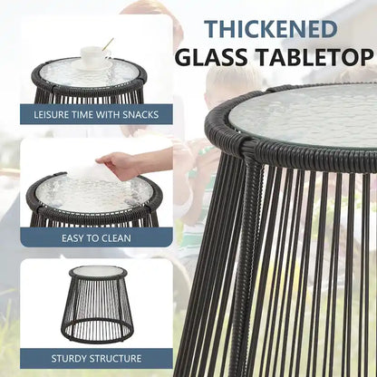 Set da Bistrot da Esterno in Rattan da 3 Pezzi, Set di Mobili da Giardino con Tavolo in Vetro e 2 Ampie Poltrone, Cuscini Inclusi