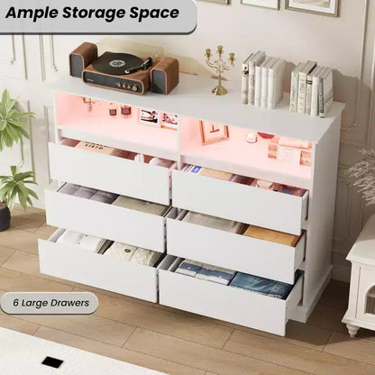 Comò per camera da letto, cassettiera a 6 cassetti, mobile a 6 cassetti con spazio aperto, armadietto moderno di grande capacità, soggiorno, corridoio