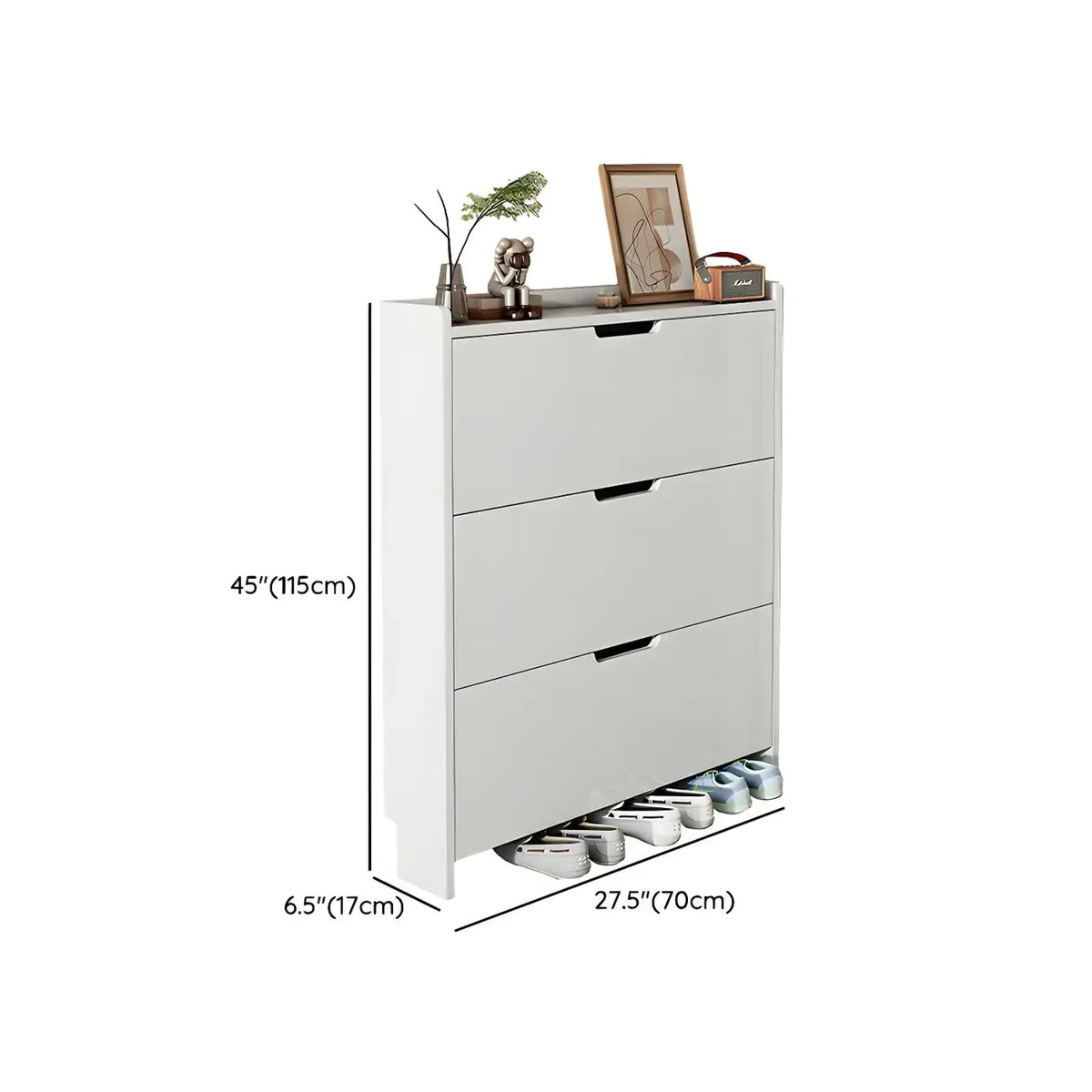 Cassettiera portascarpe a 3 ripiani in legno bianco con anta a ribalta