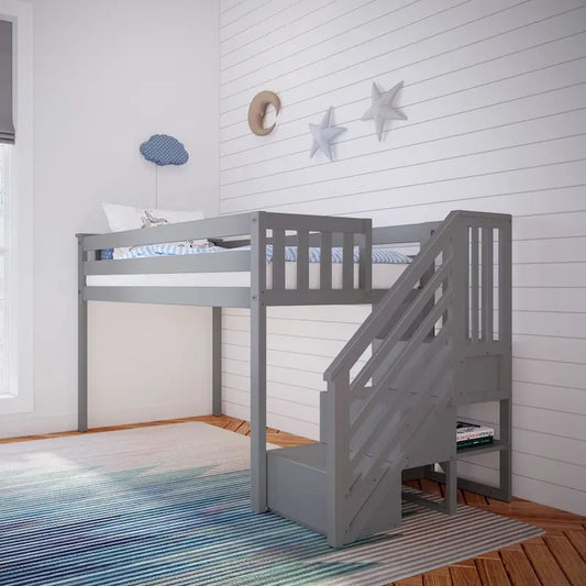 Letto a soppalco basso per gemelli Max e Lily con scale