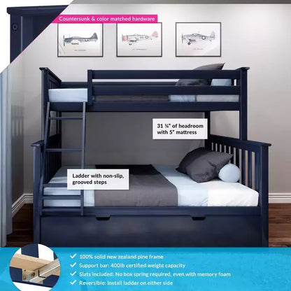 Letto a Castello in Legno Massello Max & Lily, una Piazza e Mezza con Letto Estraibile Contenitore e Scaletta per Bambini