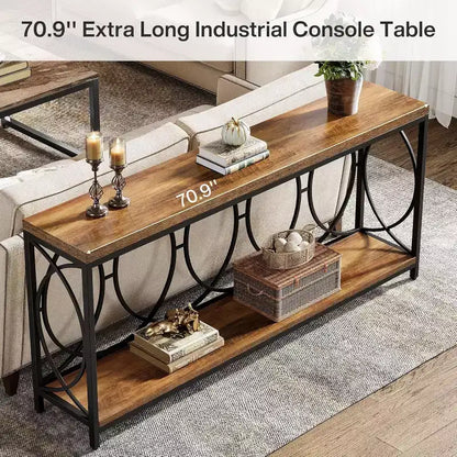 Lantine - Tavolo consolle industriale extra lungo da 180 cm con 2 ripiani e mensola portaoggetti, adatto per soggiorno, ingresso, corridoio, marrone rustico.