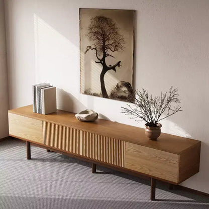 Meuble TV Mid-Century Modern 86,6 po en bois massif, console média avec espace de rangement, couleur naturelle
