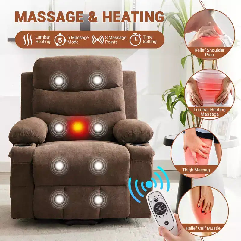 Fauteuil inclinable électrique releveur, fauteuils inclinables électriques pour personnes âgées avec fonction chauffante et massante, aide à la levée, porte-gobelets, poche latérale, pour salon