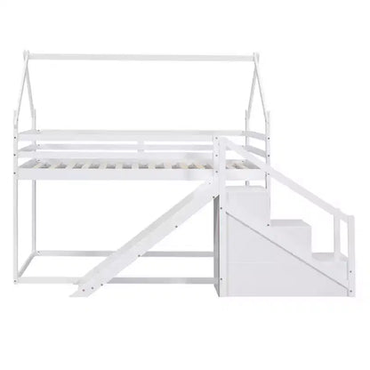 Lits superposés maison avec toboggan et escaliers de rangement, lit superposé double en bois avec toit et escaliers pour filles et garçons