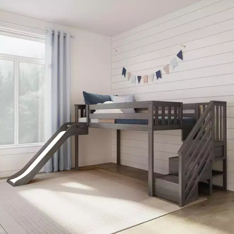Lit mezzanine bas pour enfant, format jumeau, avec toboggan et escalier, plateforme de lit enfant en bois massif