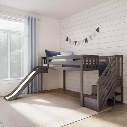 Lit mezzanine bas pour enfant, format jumeau, avec toboggan et escalier, plateforme de lit enfant en bois massif