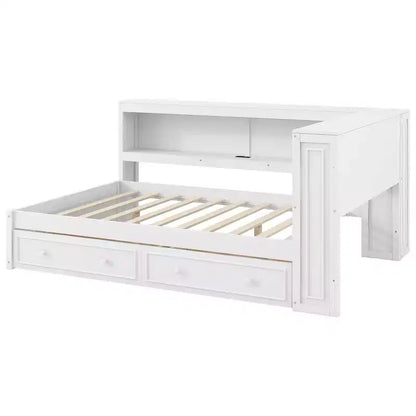 Letto angolare a grandezza naturale con cassetti portaoggetti, libreria, struttura letto a giorno in legno a forma di L con testiera a libreria per soggiorno