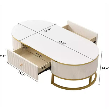 Tavolino da Caffè Moderno 47W, Tavolino da Salotto, Tavolino Centrotavola, Tavolino d'Appoggio con Cassetti, Design dal Profilo Curvo, Gambe in Metallo Dorato, Ovale, Bianco+Oro-ModernLuxe