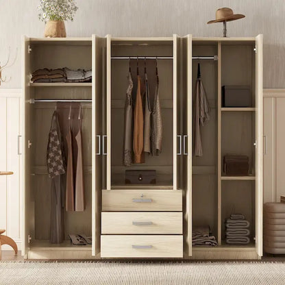 Armoire 6 portes en bois avec 3 grands tiroirs de rangement pour chambre à coucher