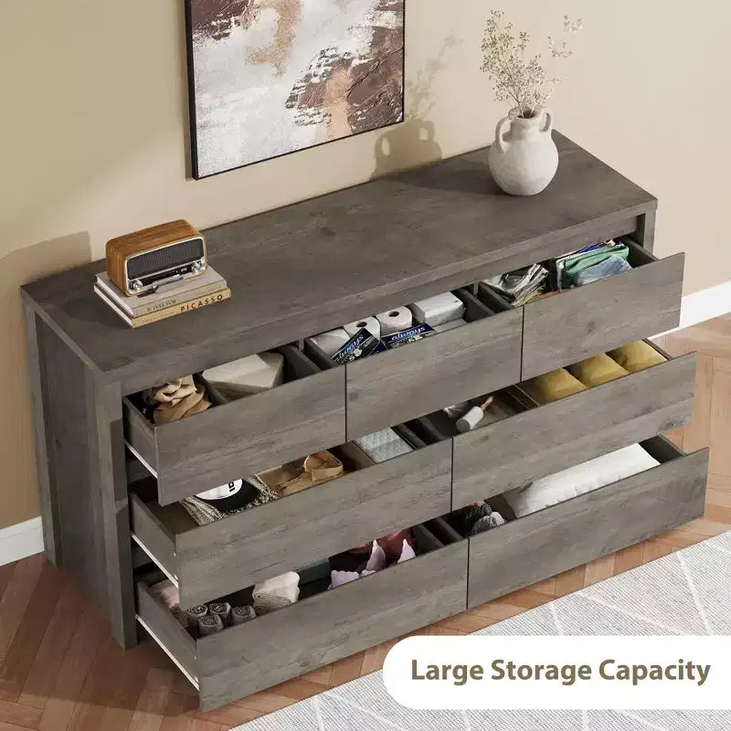 Comò Moderno Largo a 7 Cassetti per Camera da Letto, Grande Cassettiera in Legno con Organizzatore per Soggiorno, Corridoio e Ingresso