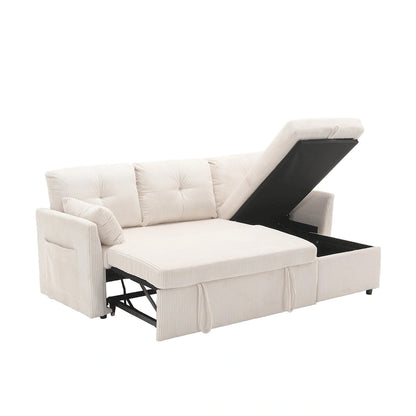Divano Sezionale a L con Chaise Reversibile, Rivestimento in Velluto a Coste/Ciniglia, con Bracciolo Portaoggetti e Tasca Laterale