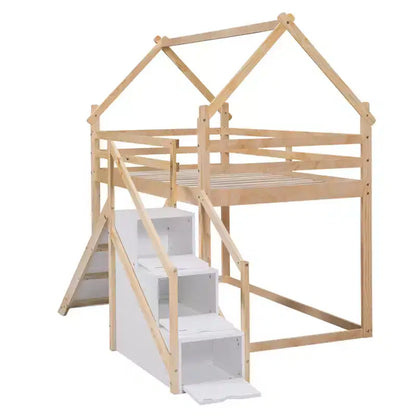 Lits superposés maison avec toboggan et escaliers de rangement, lit superposé double en bois avec toit et escaliers pour filles et garçons