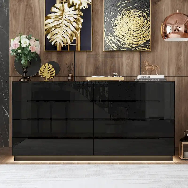 Comò lucido 63" con luce, con 8 cassetti e ampio piano d'appoggio