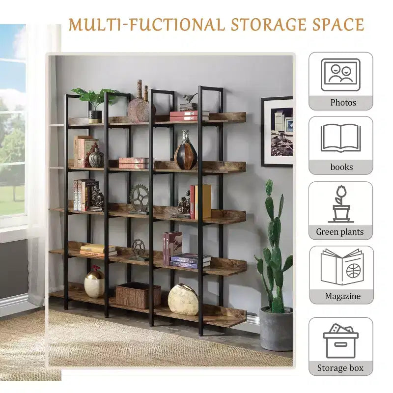 Étagère de style industriel vintage Whisen avec cadre en métal et panneau MDF, bibliothèque ouverte pour le bureau à domicile