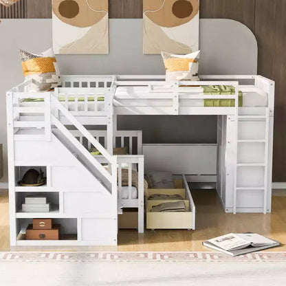 Lit superposé en L Whisen Modern Design (jumeau sur grand) avec 3 tiroirs, bureau portable et armoire