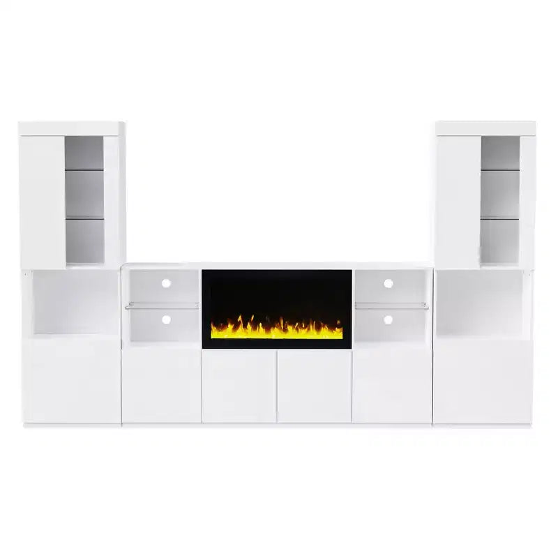 Meuble TV moderne avec lumières LED pour téléviseur de 75 pouces, table console multimédia avec étagères en verre trempé et foyer non chauffant