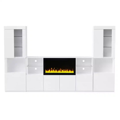 Meuble TV moderne avec lumières LED pour téléviseur de 75 pouces, table console multimédia avec étagères en verre trempé et foyer non chauffant