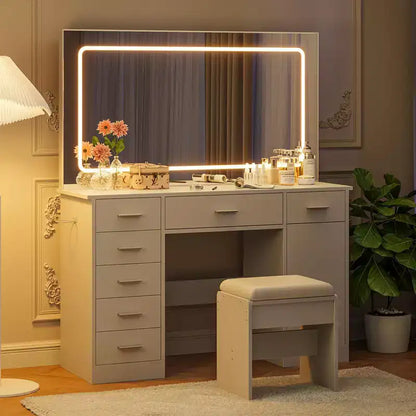Toeletta Trucco con Specchio a LED a 3 Modalità e Prese di Ricarica, Grande Scrivania da Trucco con 7 Cassetti e Mobile Contenitore, Tavolo da Toeletta Moderno