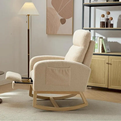Poltrona a dondolo moderna con schienale alto da 75 cm, imbottita, con gambe in legno massello e poggiapiedi regolabile