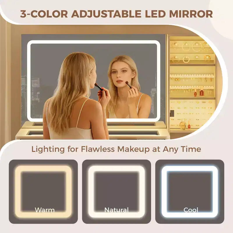Toeletta da trucco scanalata da 122 cm con specchio e luci LED, stazione di ricarica, sgabello contenitore imbottito per camera da letto