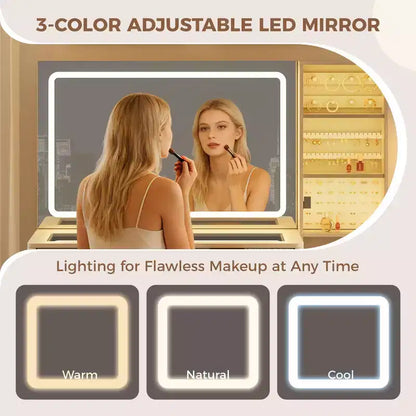 Toeletta da trucco scanalata da 122 cm con specchio e luci LED, stazione di ricarica, sgabello contenitore imbottito per camera da letto