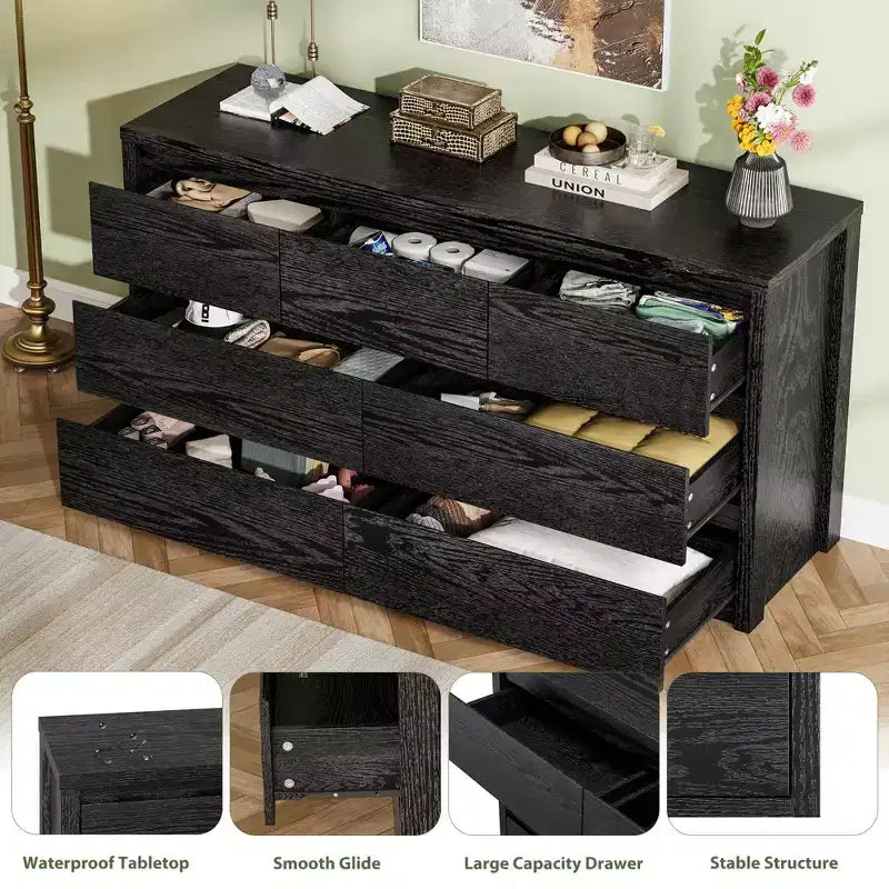 Comò Moderno Largo a 7 Cassetti per Camera da Letto, Grande Cassettiera in Legno con Organizzatore per Soggiorno, Corridoio e Ingresso