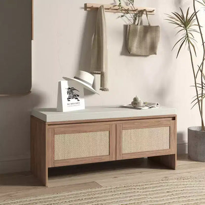 Panca portascarpe FurnitureR in rattan con cuscino, scarpiera compatta con ante per ingresso, organizer per piccoli spazi, scarpiera nascosta con seduta