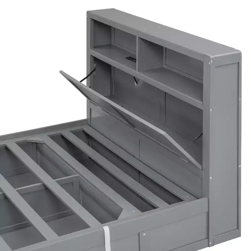 Letto a piattaforma idraulico Full/Queen con contenitore testiera a LED, stazione di ricarica, 2 cassetti e spazio di archiviazione sotto il letto, Bianco/Grigio-ModernLuxe