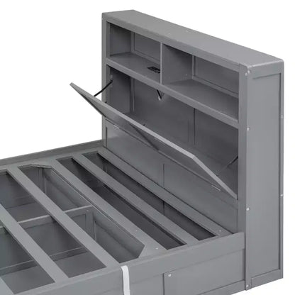 Letto a piattaforma idraulico Full/Queen con contenitore testiera a LED, stazione di ricarica, 2 cassetti e spazio di archiviazione sotto il letto, Bianco/Grigio-ModernLuxe