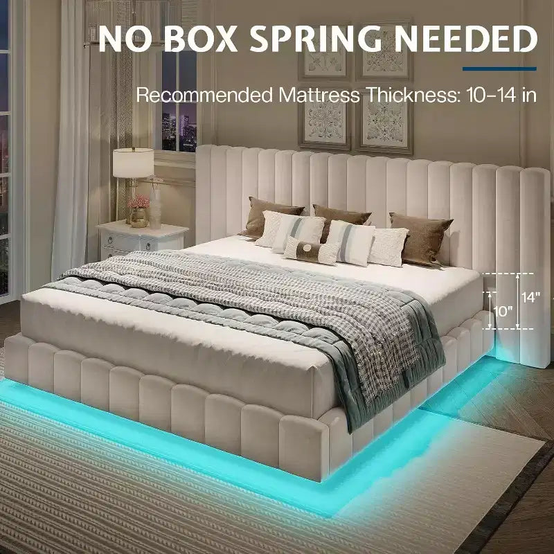 AMERLIFE Letto Imbottito con Luci LED, Design Flottante, Supporto a Doghe Solide