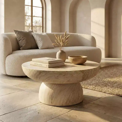 Table basse ronde Lunexa de LeisureMod, table d'appoint à piédestal en pierre de fibre pour utilisation intérieure ou extérieure, design sculpté avec patins antidérapants